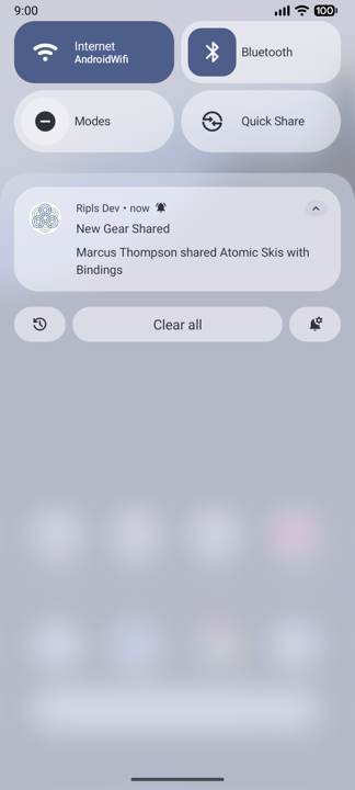 Android lock-screen notification: 'New Gear Shared — Marcus Thompson shared Atomic Skis with Bindings'.